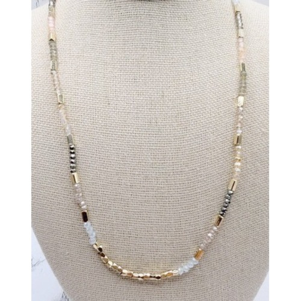 Gold Tone Pink Gray Faceted‎ Bead Necklace 12-15" Choker